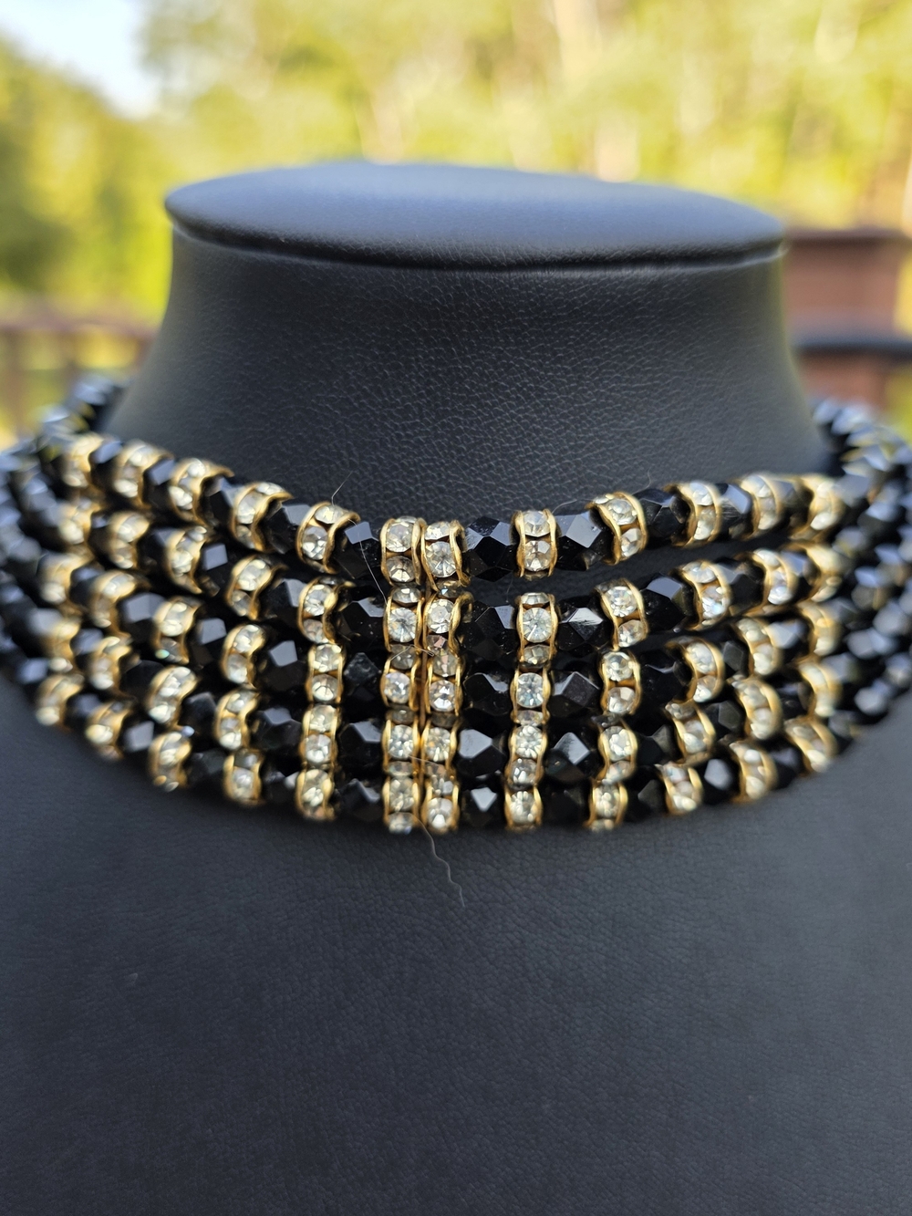 Black and Gold Crystal Multi-Strand Choker Necklace